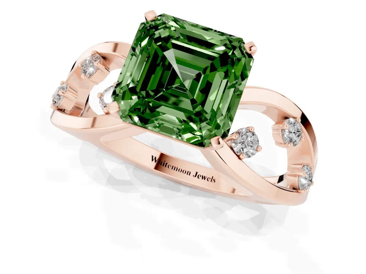 Fancy Green Asscher Cut Cut Solitaire Diamond with Side Stones on Criss-Cross Band and Four-Prong Setting Rose gold