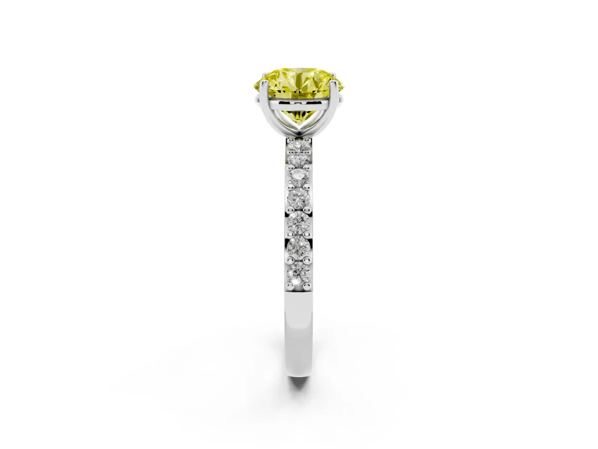 Fancy Yellow Round Cut Cut Diamond Solitaire with Pave Band and Four-Prong Setting Silver
