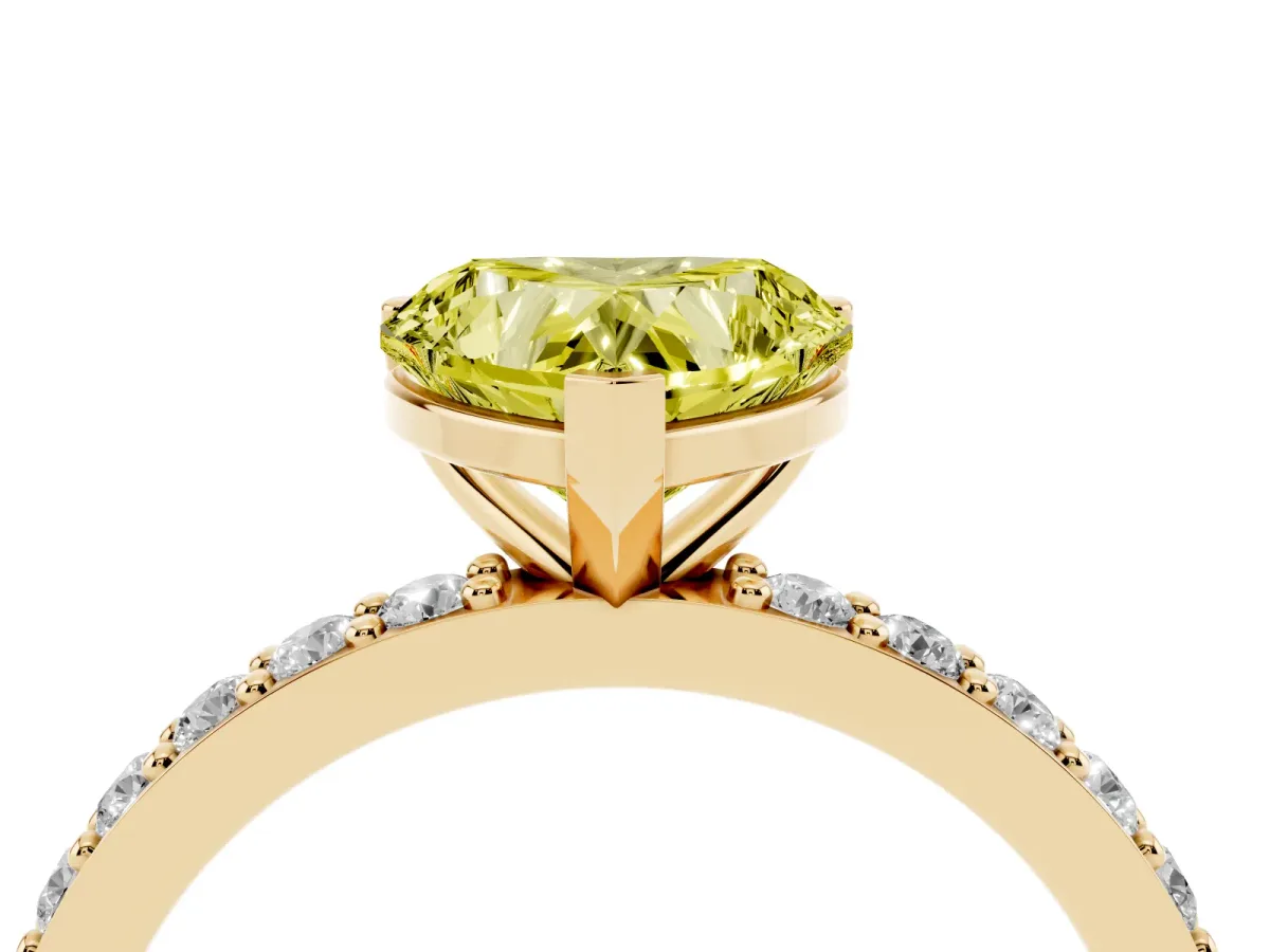 Fancy Yellow Heart Cut Cut Diamond Solitaire with Pave Band and Four-Prong Setting Yellow gold