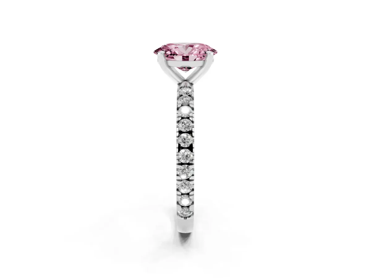 Fancy Pink Oval Cut Diamond Pavé Band Solitaire with Four-Prong Setting Platinum
