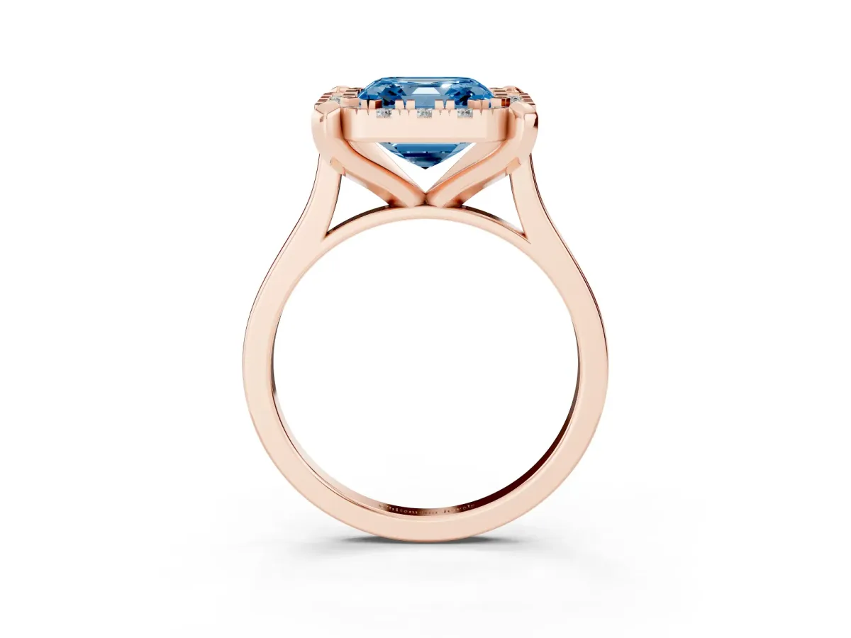 Fancy Blue Asscher Cut Diamond Cluster Halo Solitaire with Four-Prong Setting Rose gold