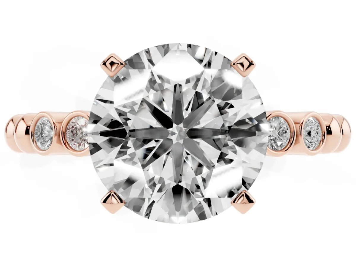 Round Cut Solitaire Bezel Accent Diamond Engagement Ring with Beaded Band and Four-Prong Setting Rose gold