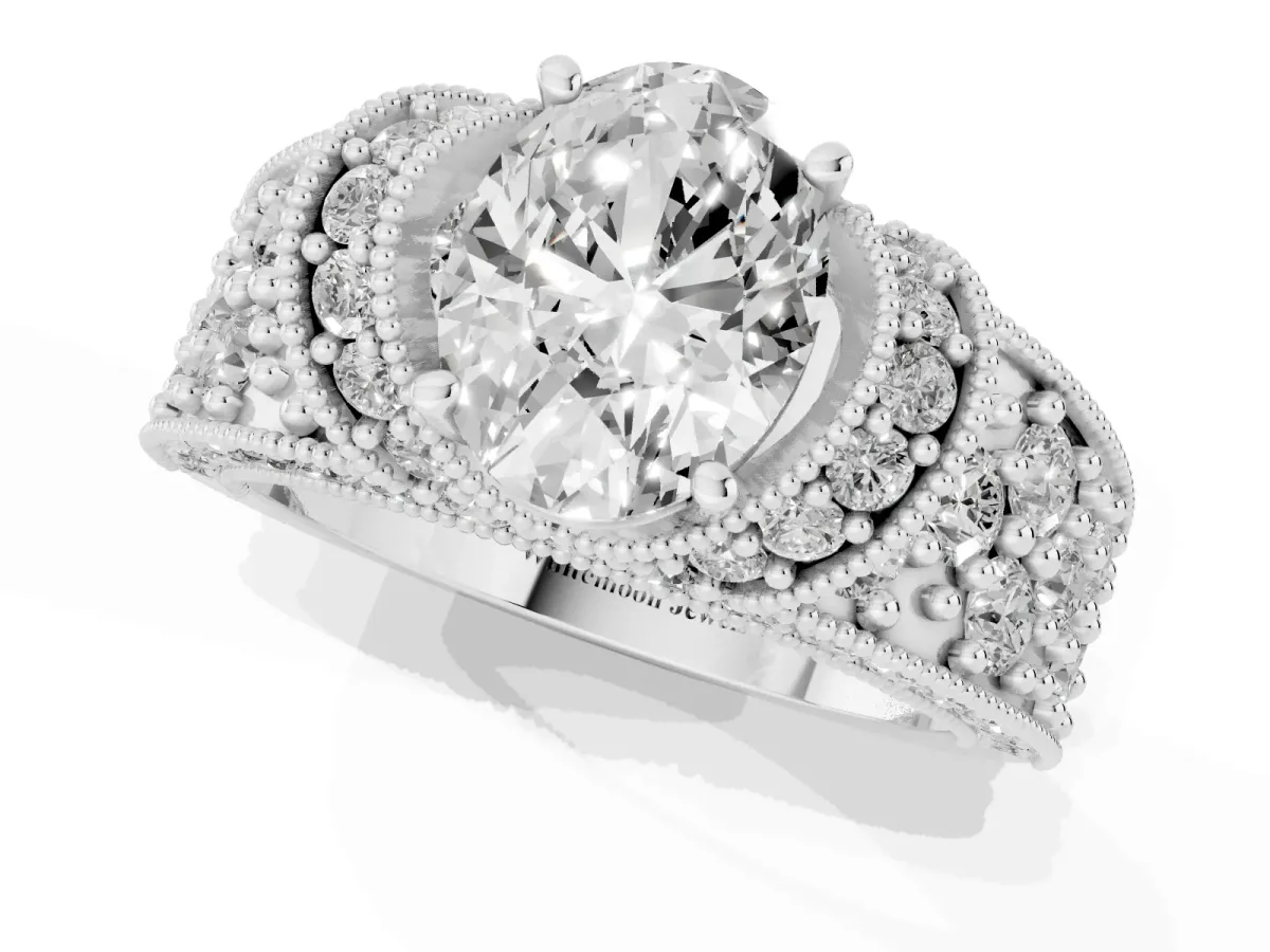 Oval Cut Halo Pave Diamond Engagement Ring with Milgrain Detailing Platinum