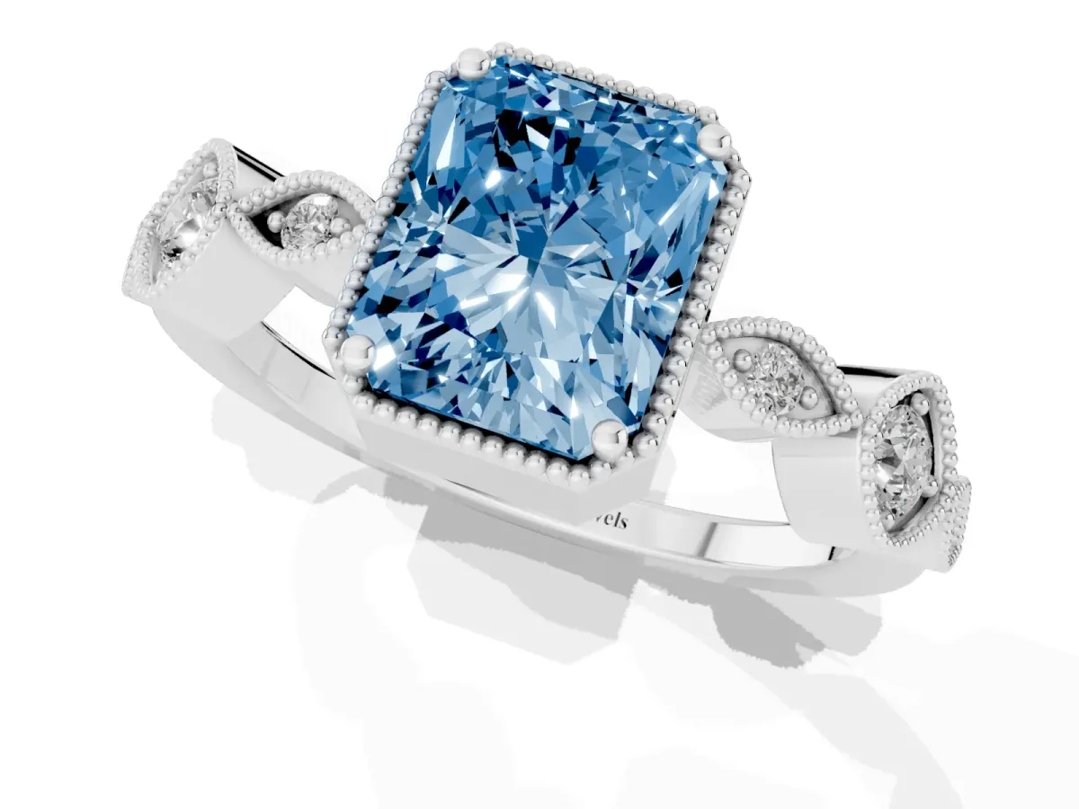 Fancy Blue Radiant Cut Diamond Vintage Milgrain Ring with Round Stations Platinum