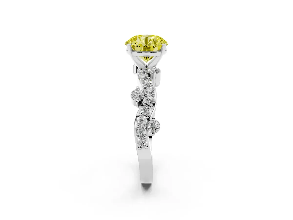 Fancy Yellow Round Cut Cut Solitaire Diamond Twisted Band with Pave Setting Silver