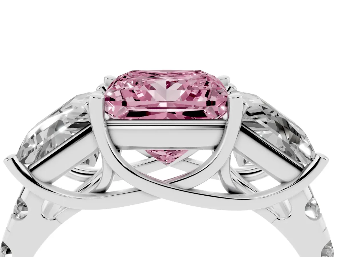 Fancy Pink Three-Stone Princess Cut Diamond Pavé Band with Prong Setting Silver