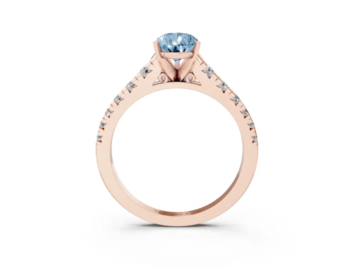 Fancy Blue Pear Cut Diamond Cathedral Solitaire Ring with Round Pavé Band Rose gold