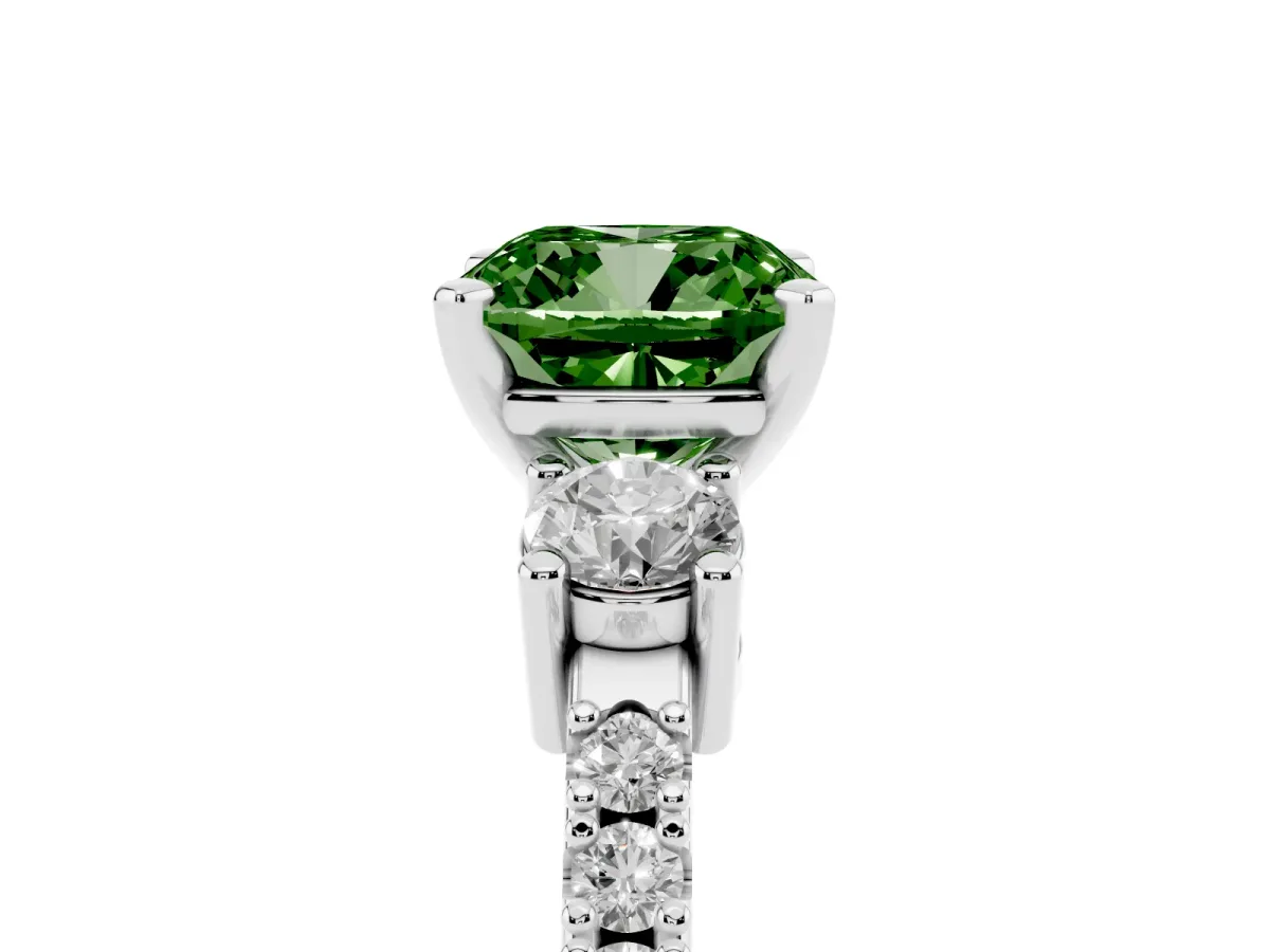 Fancy Green Cushion Cut Three-Stone Diamond Pavé Band with Prong Setting Silver
