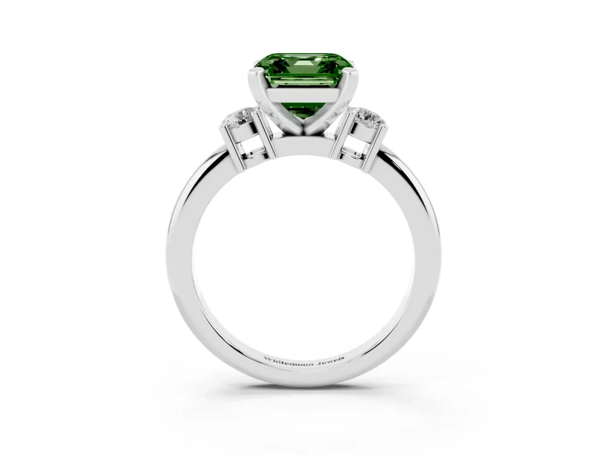 Fancy Green Three-Stone Princess Cut Cut Diamond Solitaire with Prong Setting and Classic Band White gold