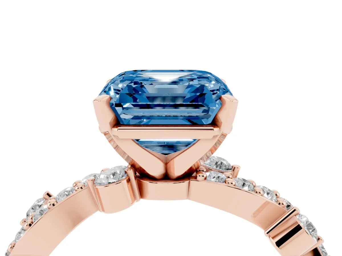 Fancy Blue Asscher Cut Cut Solitaire Diamond Twisted Band with Pave Setting Rose gold