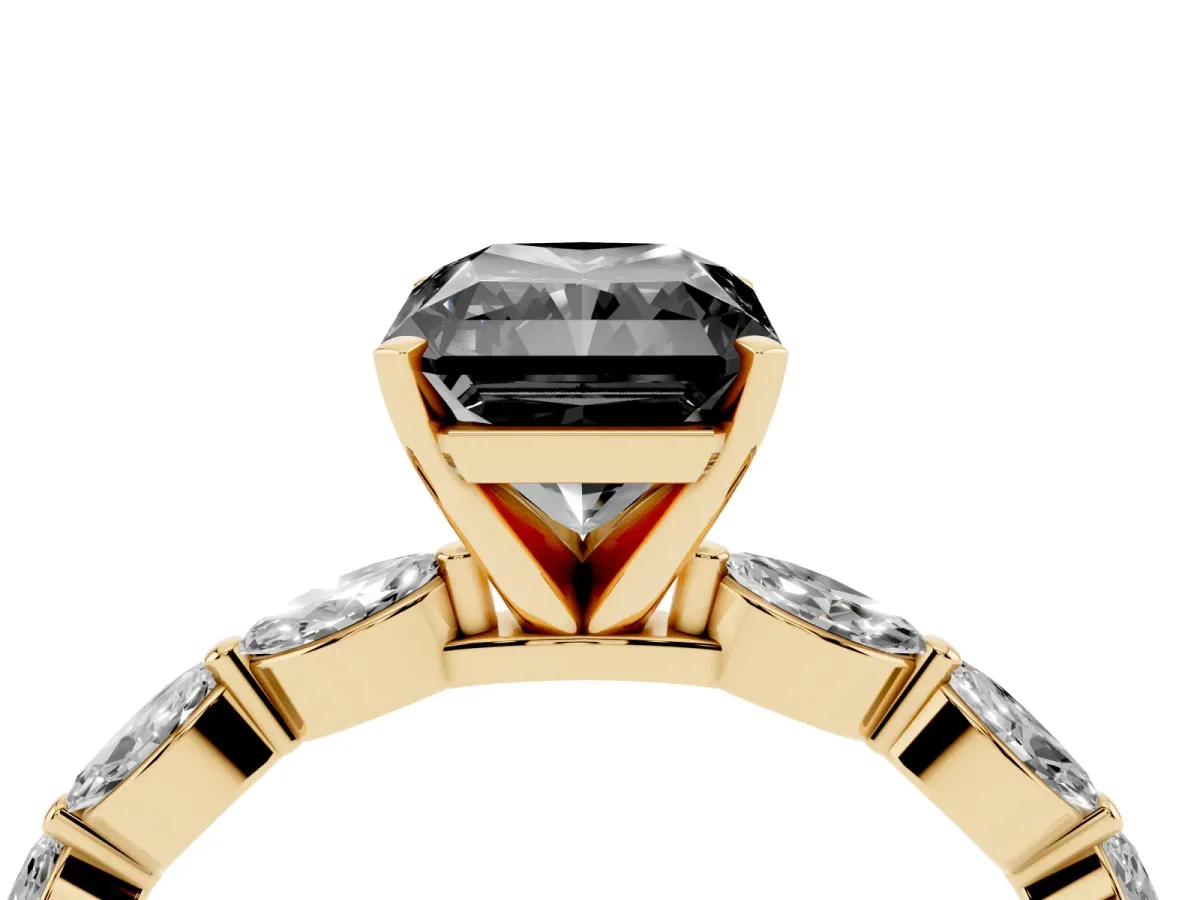 Fancy Black Radiant Cut Diamond Ring with Marquise Side Stones and Prong Setting Yellow gold