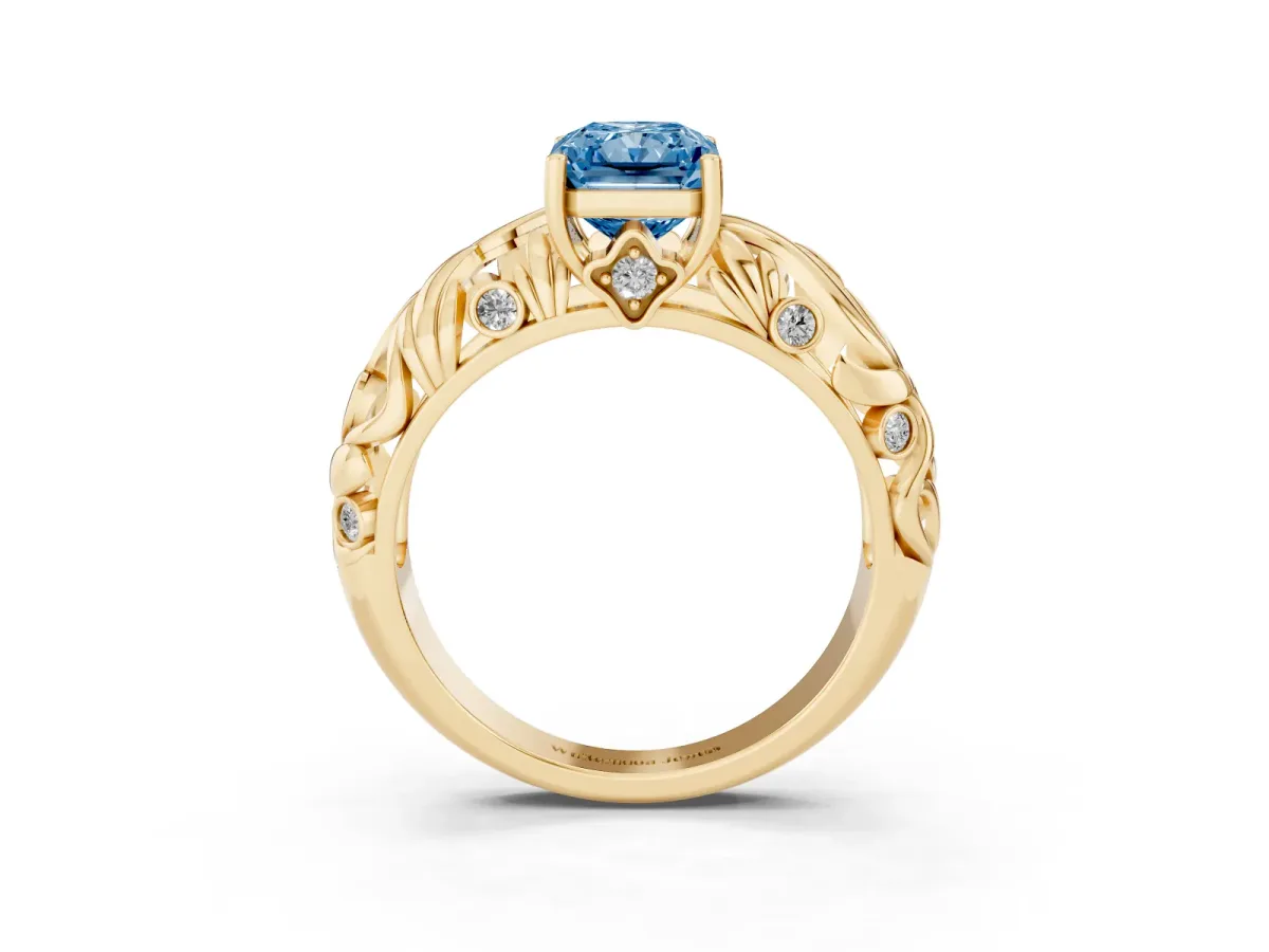 Fancy Blue Radiant Cut Solitaire Diamond Leaf-Inspired Vine Band Ring with Prong Setting Yellow gold