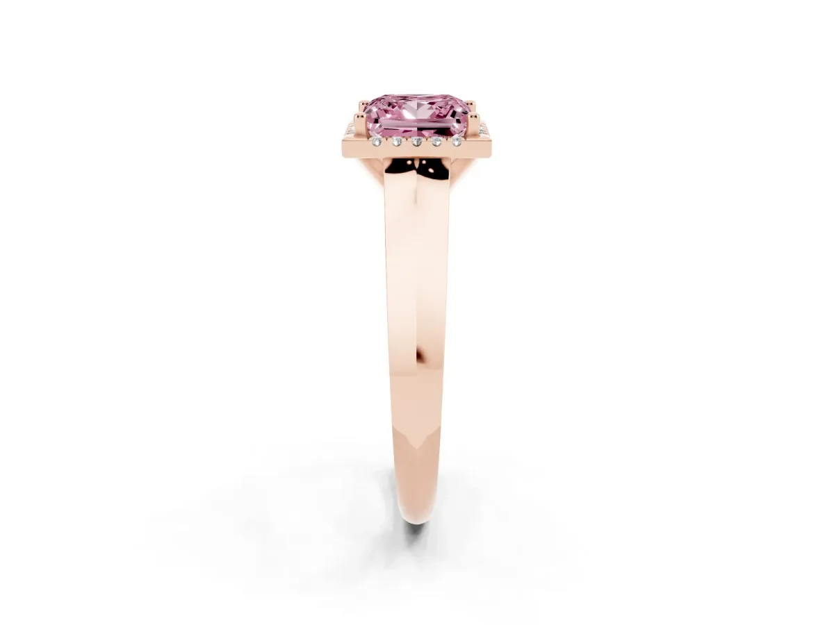 Fancy Pink Princess Cut Halo Diamond Ring with Cathedral Band and Four-Prong Setting Rose gold