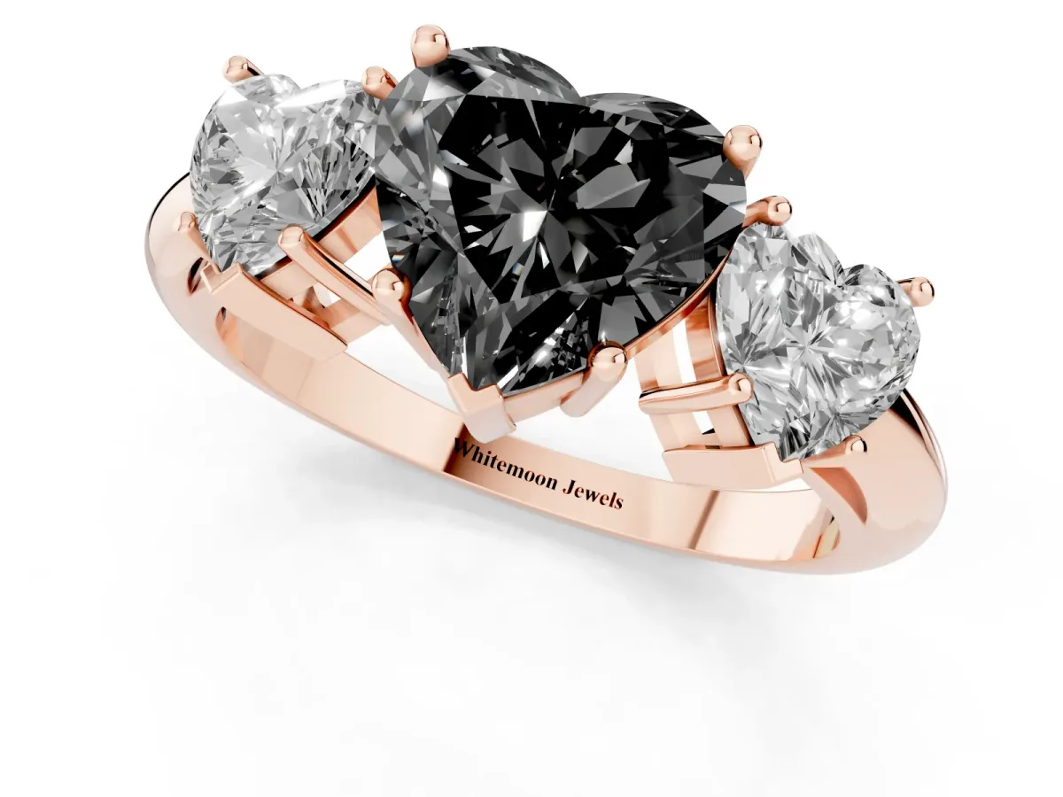 Fancy Black Three-Stone Heart Cut Cut Diamond Engagement Ring with Prong Setting on a White Gold Band Rose gold