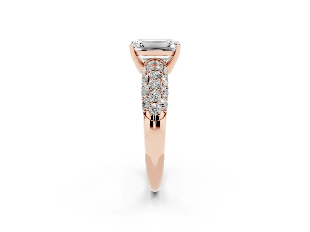 Emerald Cut Diamond Pavé Band Solitaire Ring with Four-Prong Setting Rose gold