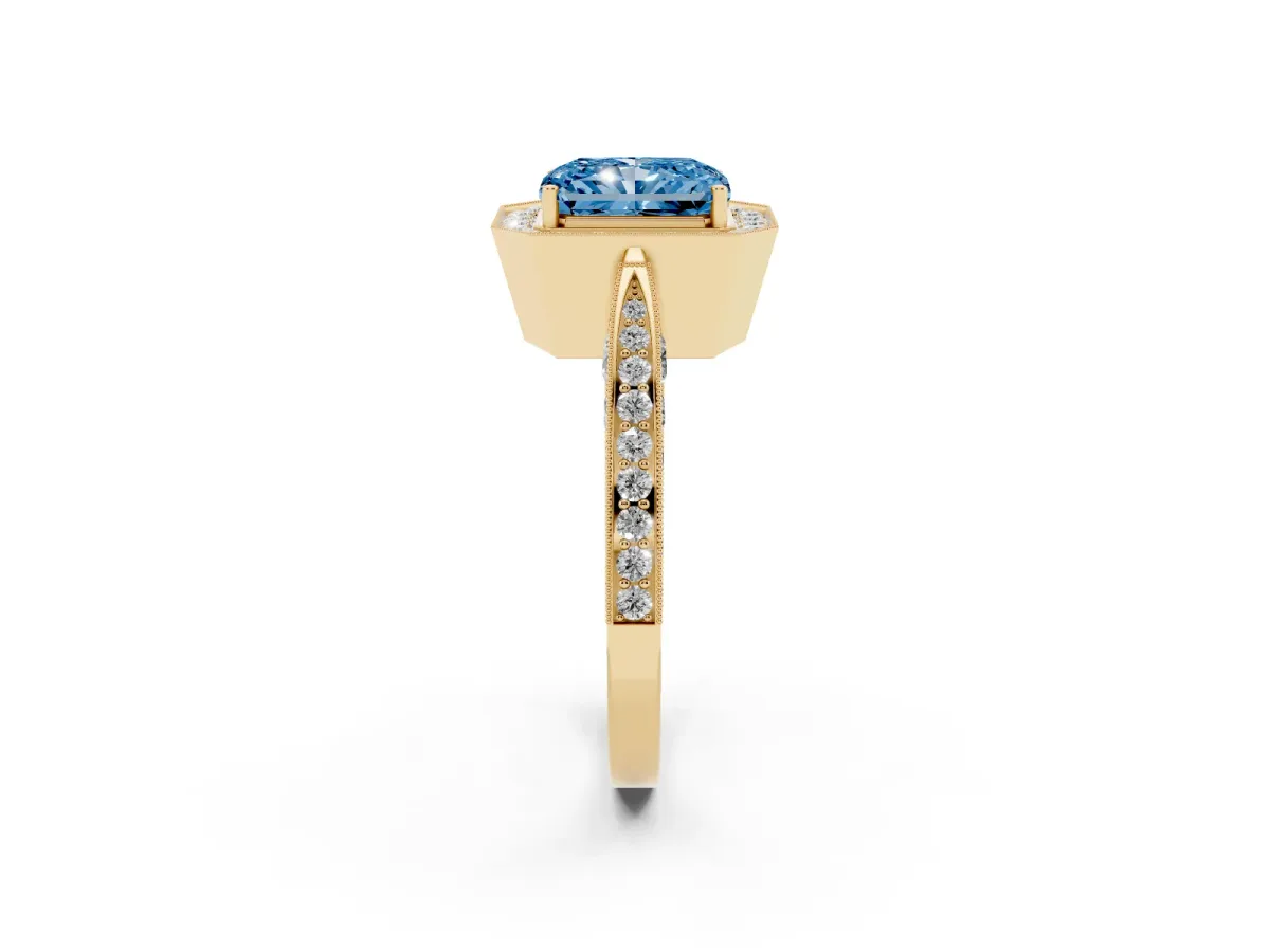 Fancy Blue Radiant Cut Halo Diamond Engagement Ring with Split Shank Band and Four-Prong Setting Yellow gold