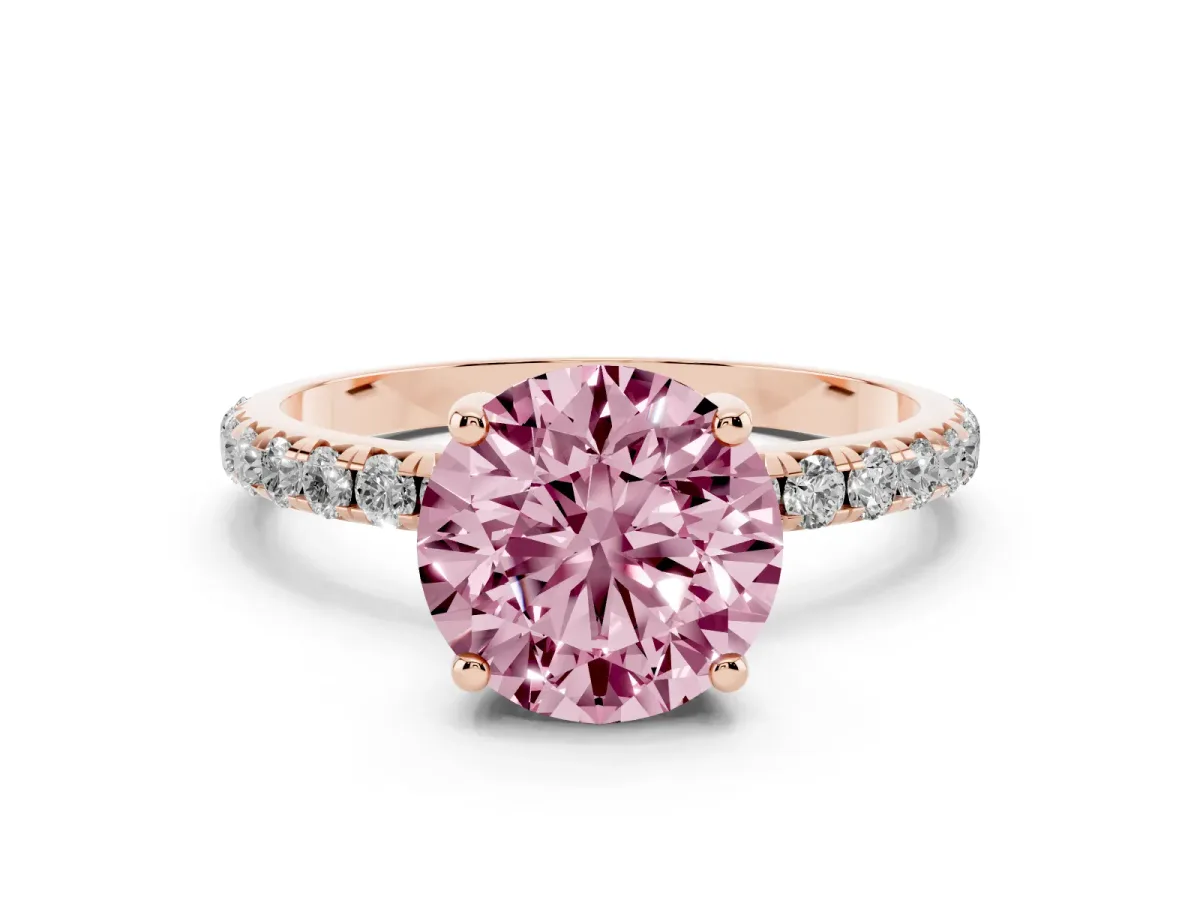 Fancy Pink Round Cut Cut Diamond Solitaire Ring with Micro Pave Band and Four Prong Setting Rose gold