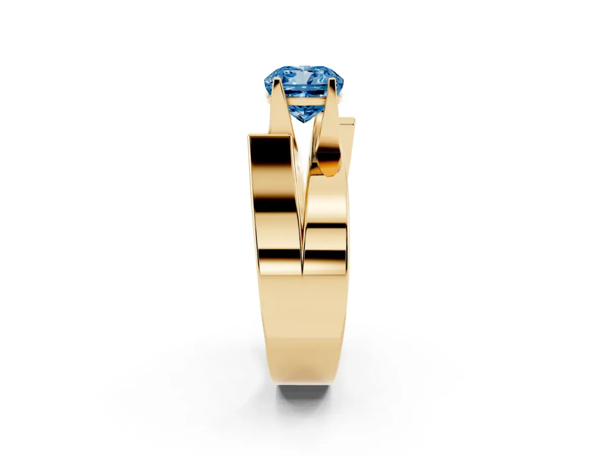 Fancy Blue Modern Tension Set Cushion Cut Diamond Solitaire Wide Band Ring Yellow gold