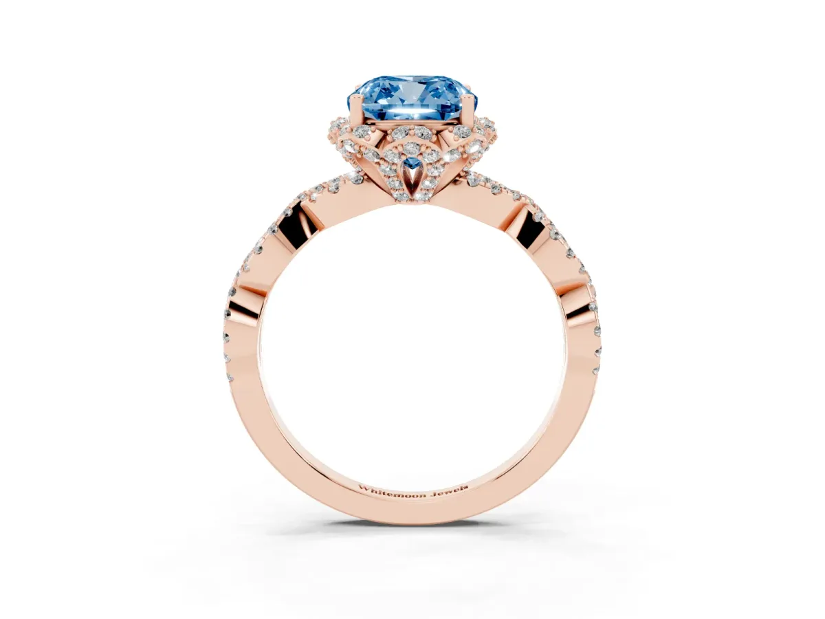 Fancy Blue Cushion Cut Halo Twist Band Solitaire Ring with Six-Prong Setting Rose gold