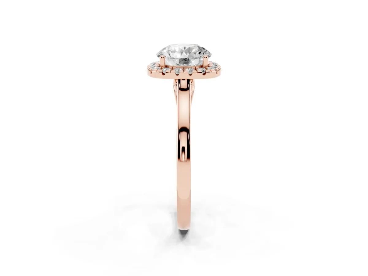 Round Cut Halo Round Diamond Solitaire Ring with Pavé Band and Four-Prong Setting Rose gold