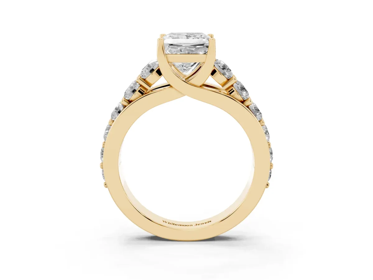 Princess Cut Diamond Engagement Ring with Pavé Band and Four-Prong Setting Yellow gold