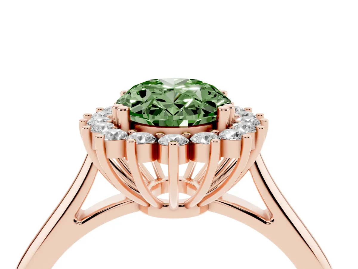 Fancy Green Oval Cut Cut Diamond Halo Ring with Solitaire Band and Prong Setting Rose gold