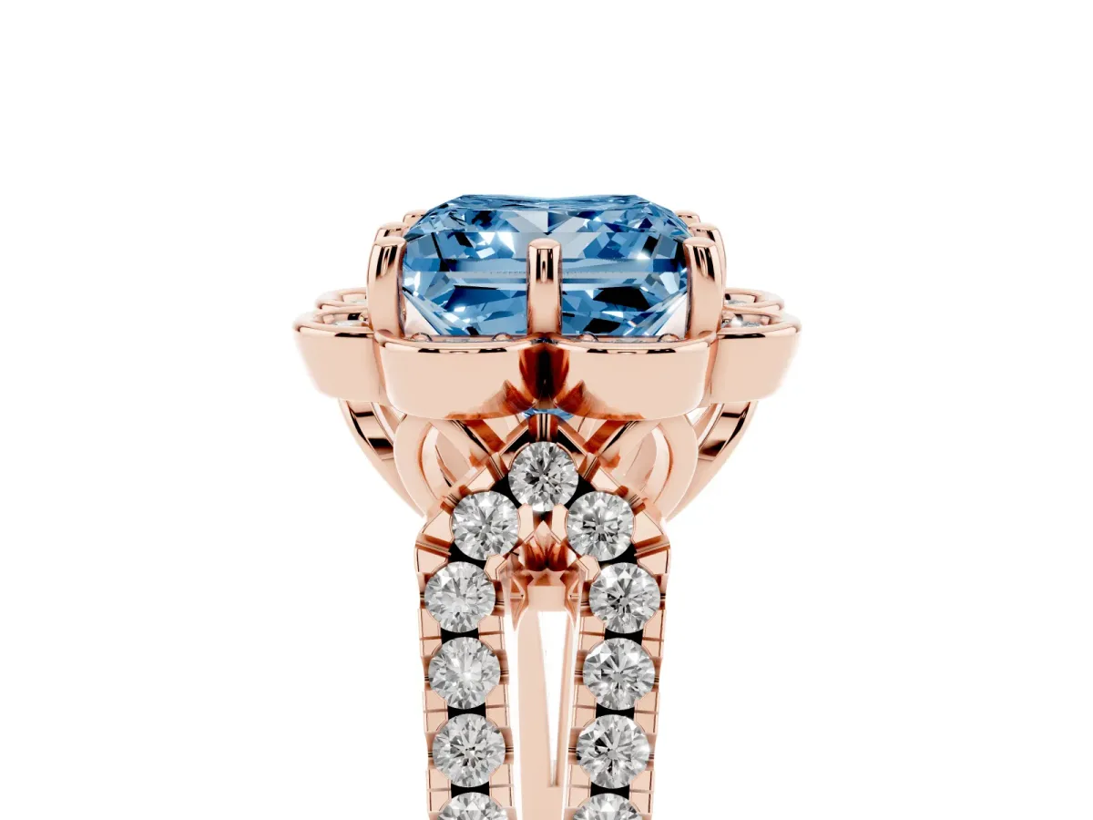 Fancy Blue Princess Cut Halo Diamond Floral Split Shank Engagement Ring Rose gold