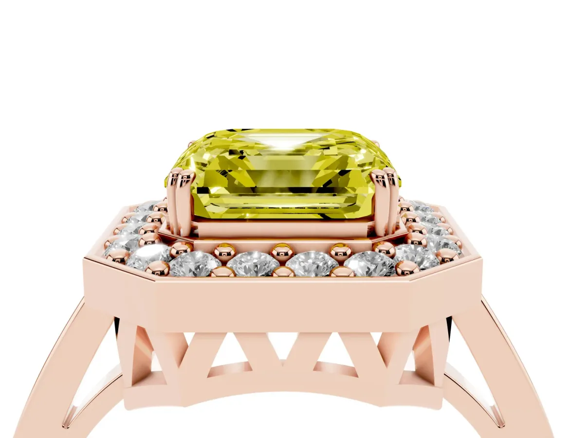 Fancy Yellow Asscher Cut Diamond Halo Ring with Split Shank and Four-Prong Setting Rose gold