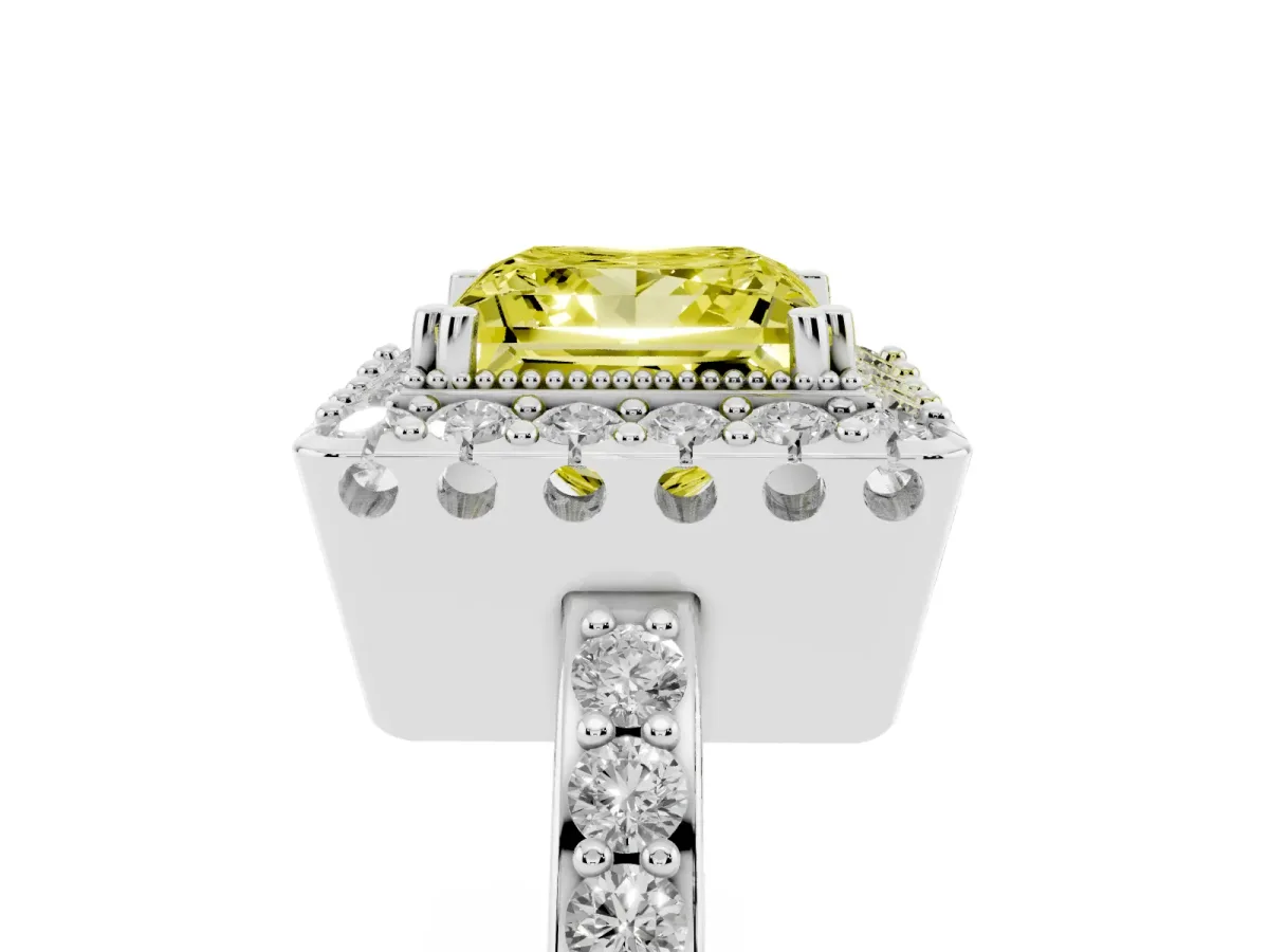 Fancy Yellow Princess Cut Diamond Halo Ring with Pavé Band and Prong Setting Silver