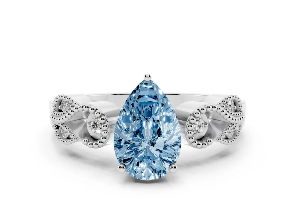 Fancy Blue Pear Cut Solitaire Milgrain Leaf Band with Prong Setting Silver