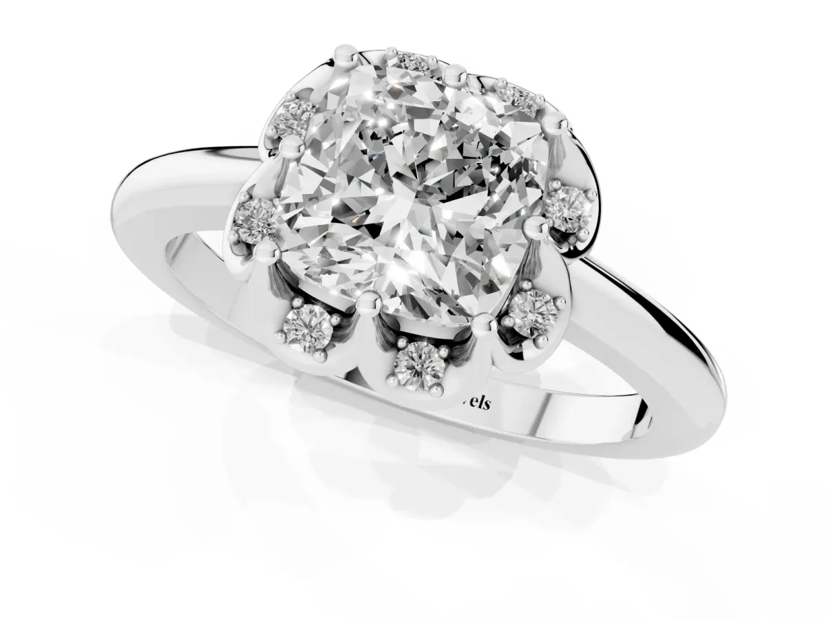 Cushion Cut Halo Diamond Ring with Round Cluster Setting, Solitaire Band, and Four-Prong Setting Platinum
