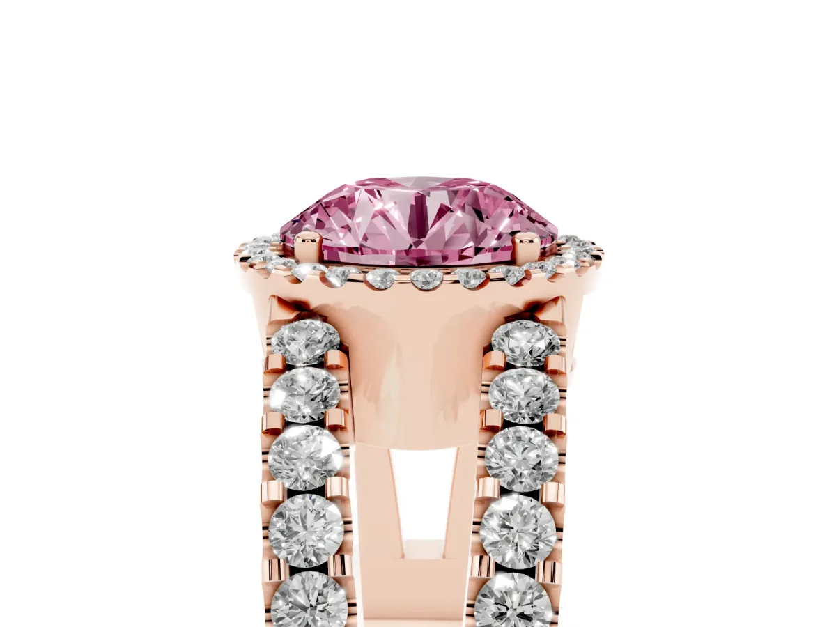 Fancy Pink Round Cut Cut Halo Split Shank Diamond Ring with Four-Prong Setting Rose gold