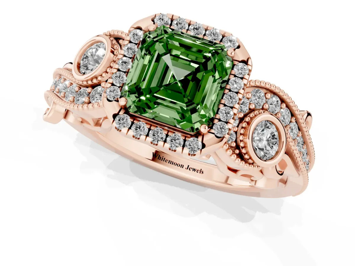 Fancy Green Asscher Cut Halo Diamond Ring with Milgrain and Bezel Accents on a Split Shank Band Rose gold