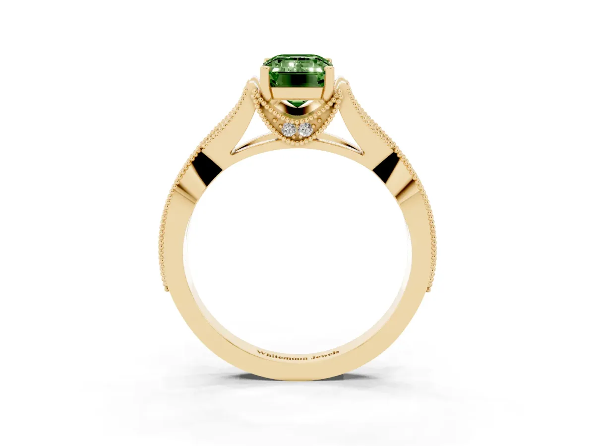 Fancy Green Emerald Cut Cut Diamond Twisted Band with Milgrain Pave Setting and Four-Prong Setting Yellow gold