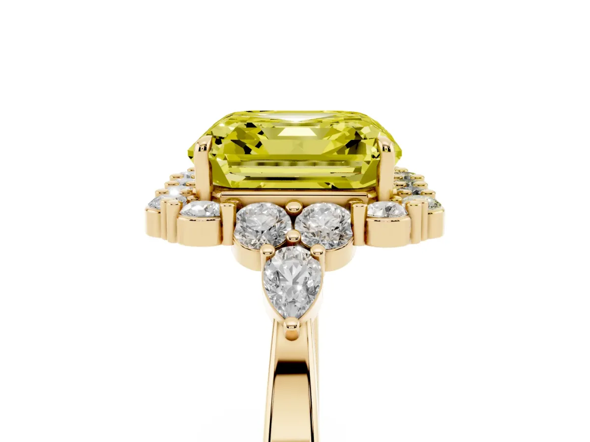 Fancy Yellow Asscher Cut Diamond Halo Ring with Pear Side Stones and Prong Setting Yellow gold
