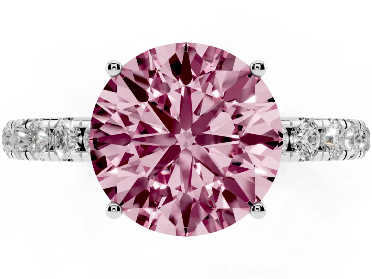 Fancy Pink Round Cut Diamond Pavé Solitaire Engagement Ring with Four-Prong Setting Platinum