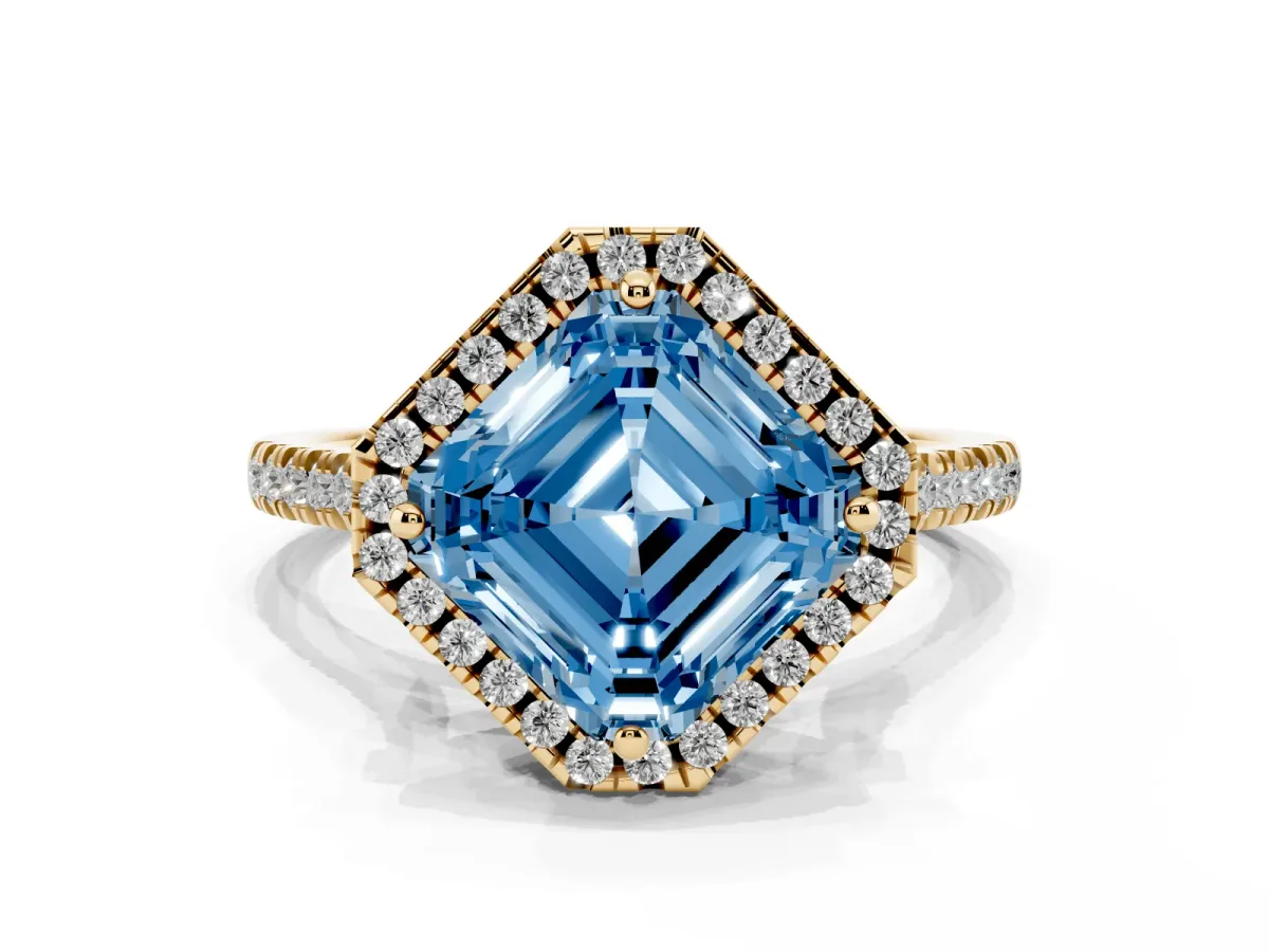 Fancy Blue Asscher Cut Diamond Cushion Halo Ring with Pavé Band Yellow gold