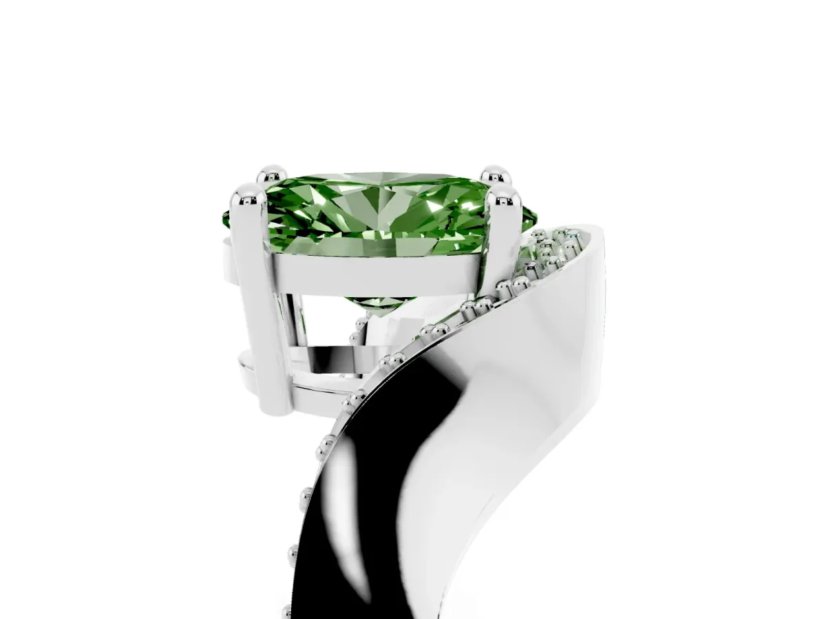 Fancy Green Oval Cut Solitaire Diamond Engagement Ring with Pave Band and Four-Prong Setting Platinum
