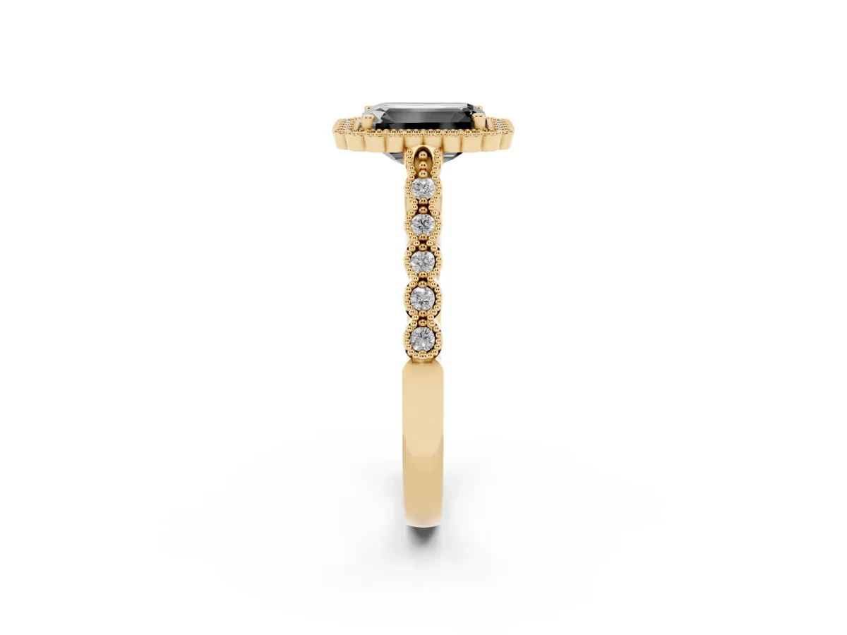 Fancy Black Emerald Cut Cut Halo Pavé Solitaire Ring with Milgrain Band Yellow gold