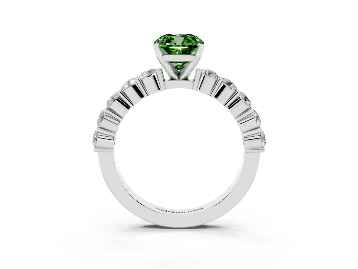 Fancy Green Cushion Cut Diamond Solitaire Ring with Shared Prong Round Side Stones Silver