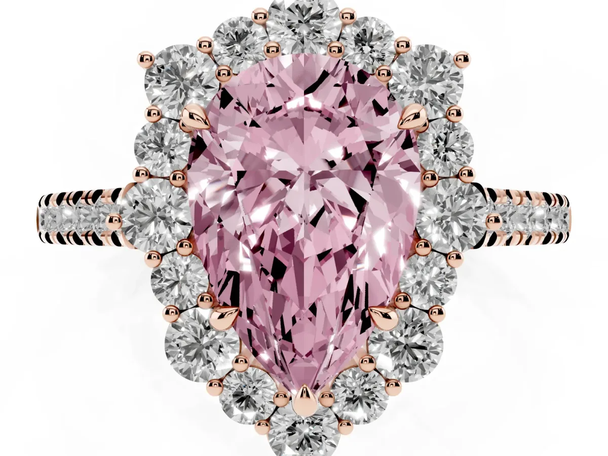 Fancy Pink Pear Cut Halo Diamond Ring with Pavé Band and Prong Setting Rose gold