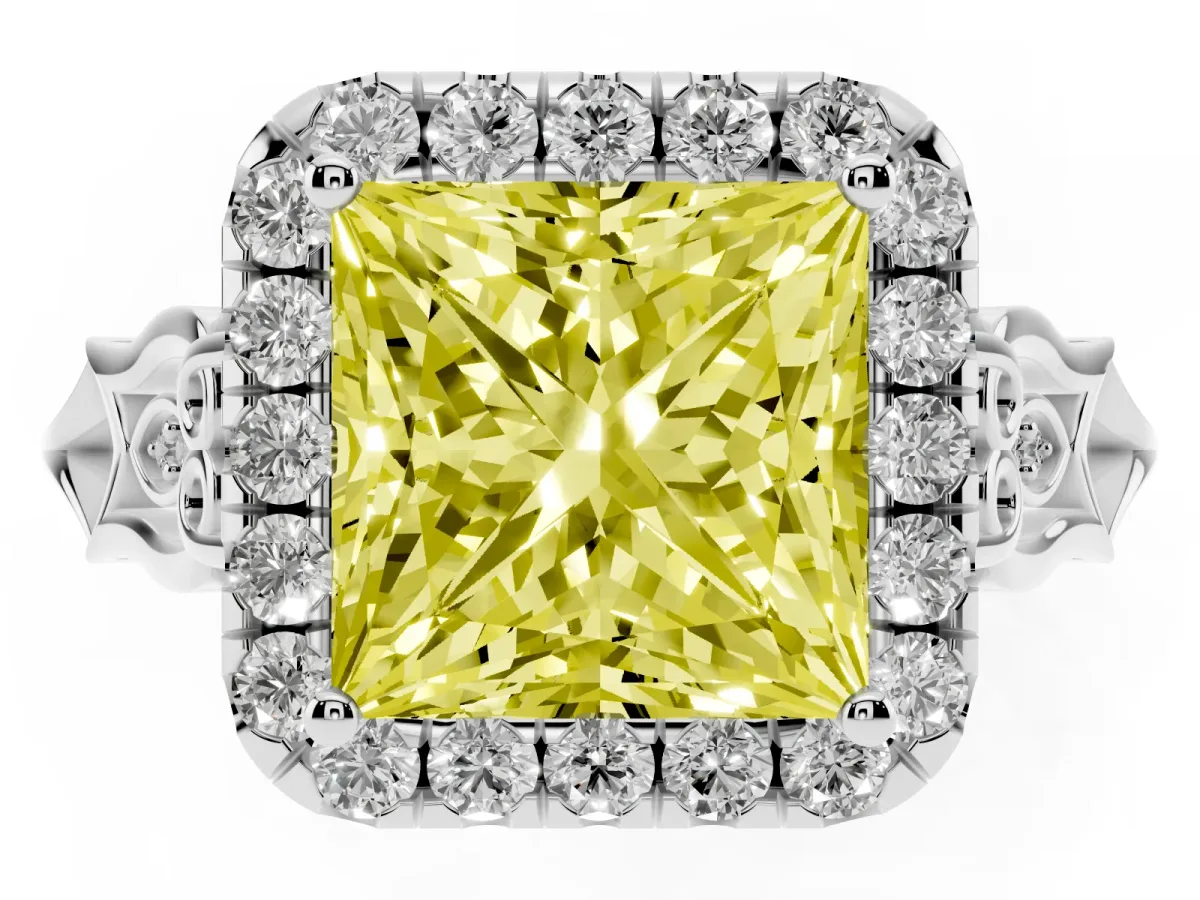 Fancy Yellow Princess Cut Halo Diamond Engagement Ring with Filigree Band and Four-Prong Setting White gold
