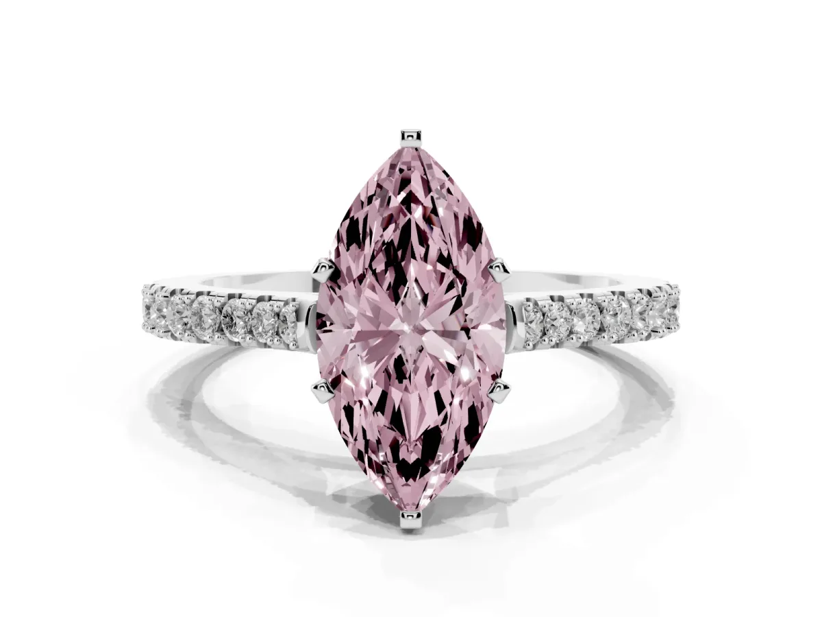 Fancy Pink Marquise Cut Cut Solitaire Diamond Engagement Ring with Pave Band and Four-Prong Setting Platinum
