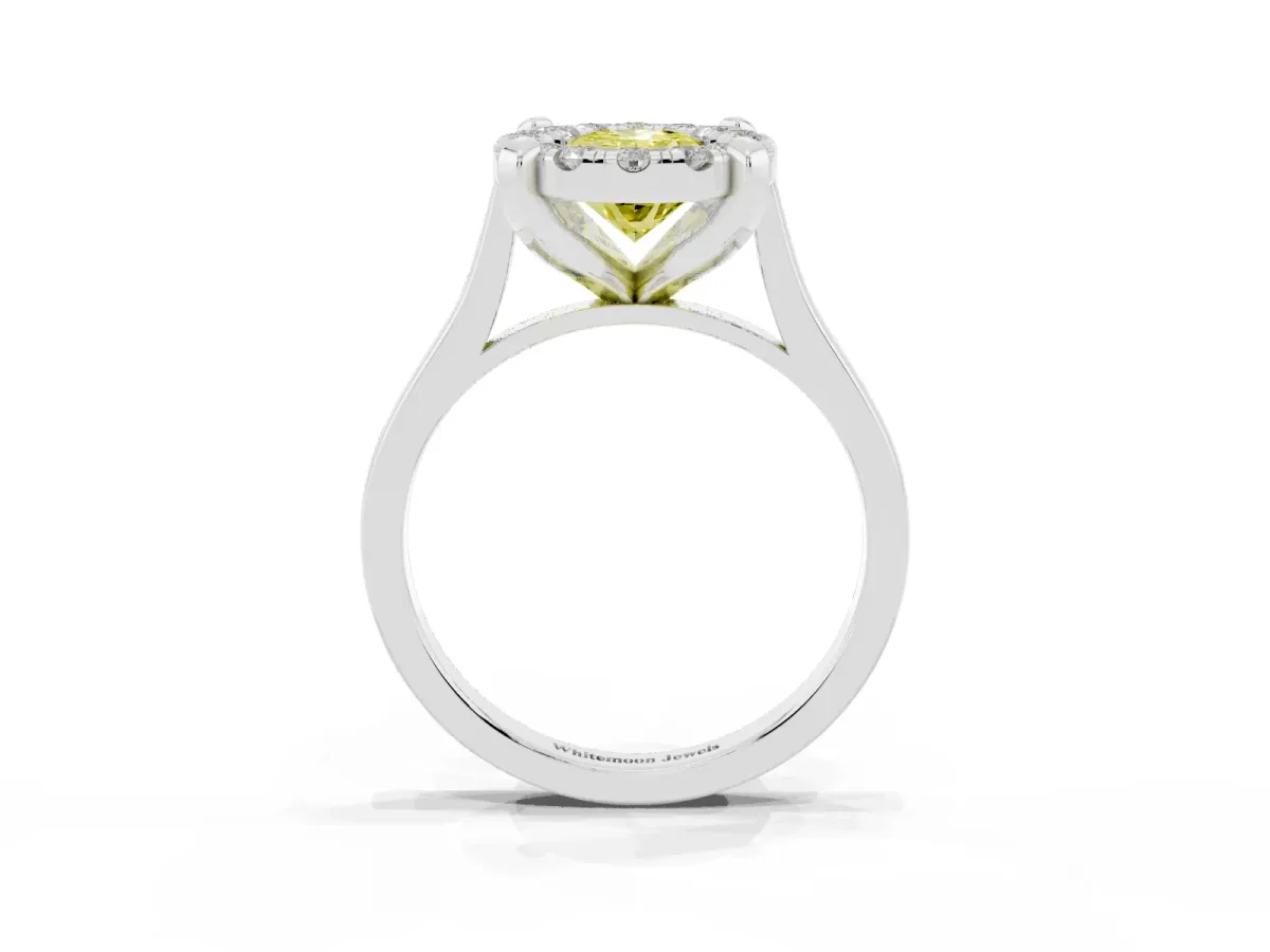 Fancy Yellow Oval Cut Diamond Cluster Halo Solitaire with Four-Prong Setting Silver
