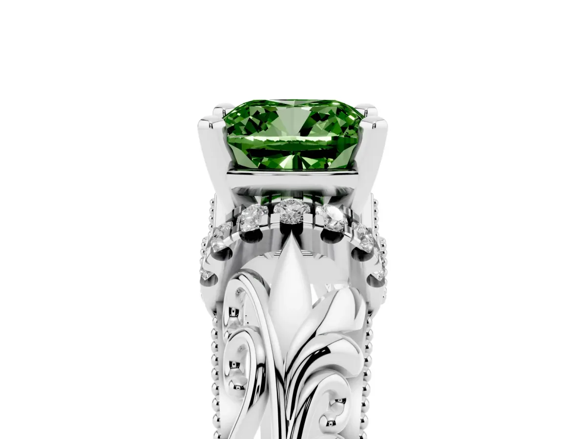 Fancy Green Cushion Cut Solitaire Filigree Engagement Ring with Halo and Prong Setting Silver