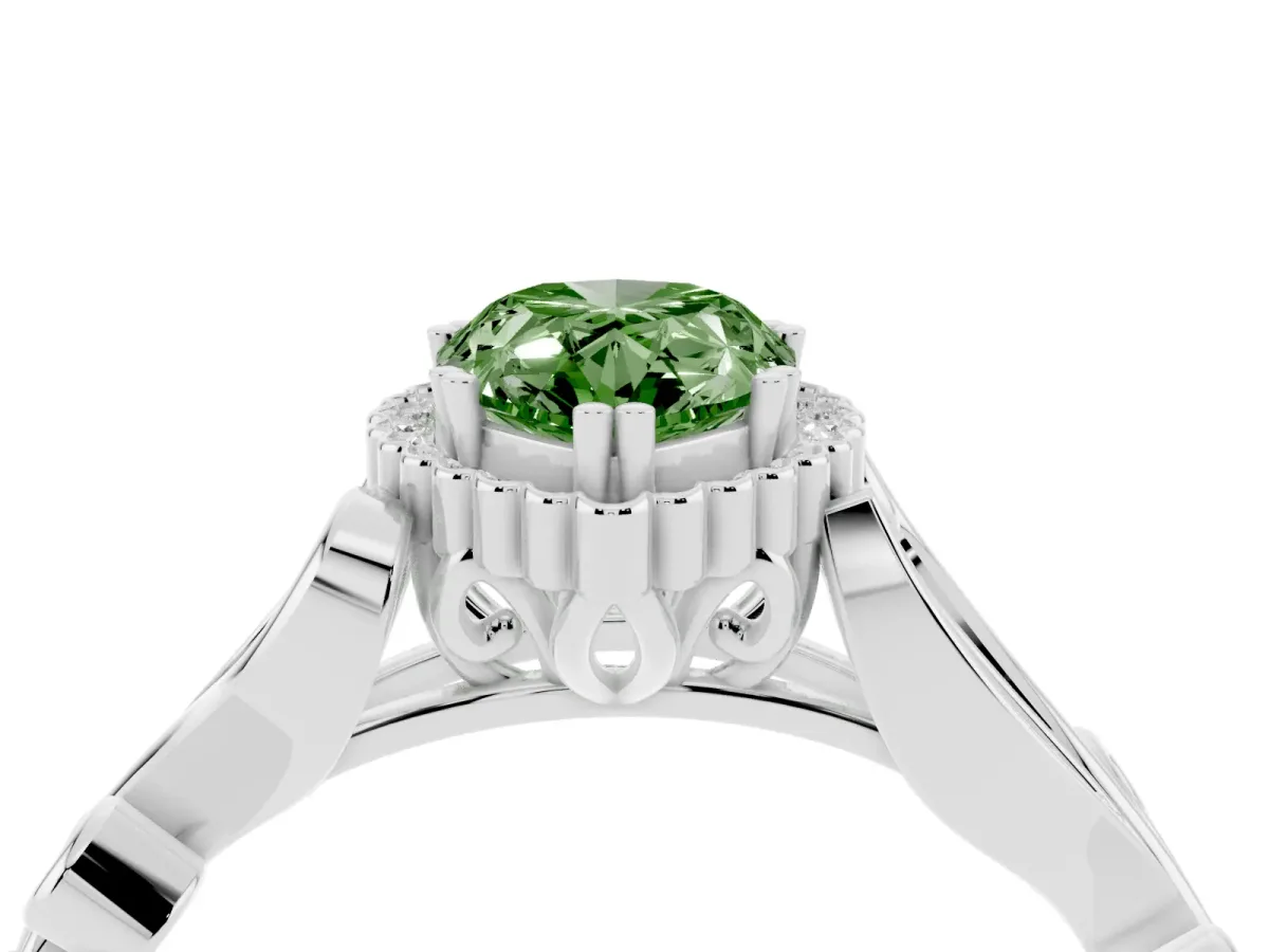 Fancy Green Pear Cut Diamond Halo Ring with Vintage Split Shank and Four-Prong Setting Silver