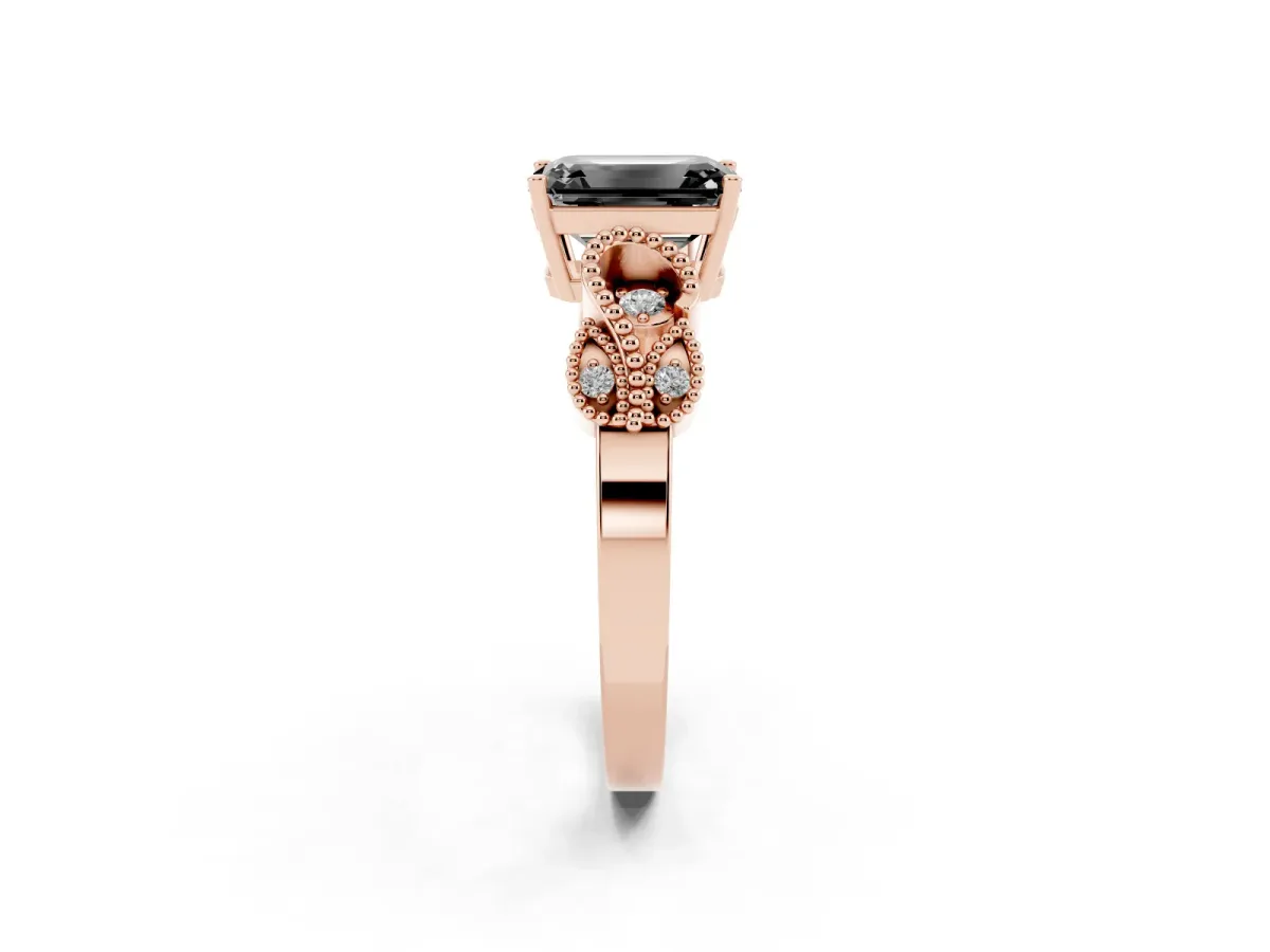 Fancy Black Emerald Cut Solitaire Milgrain Leaf Band with Prong Setting Rose gold