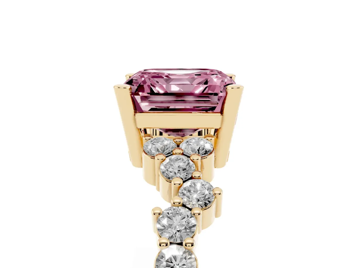 Fancy Pink Asscher Cut Diamond Scattered Round Accent Ring with Prong Setting Yellow gold