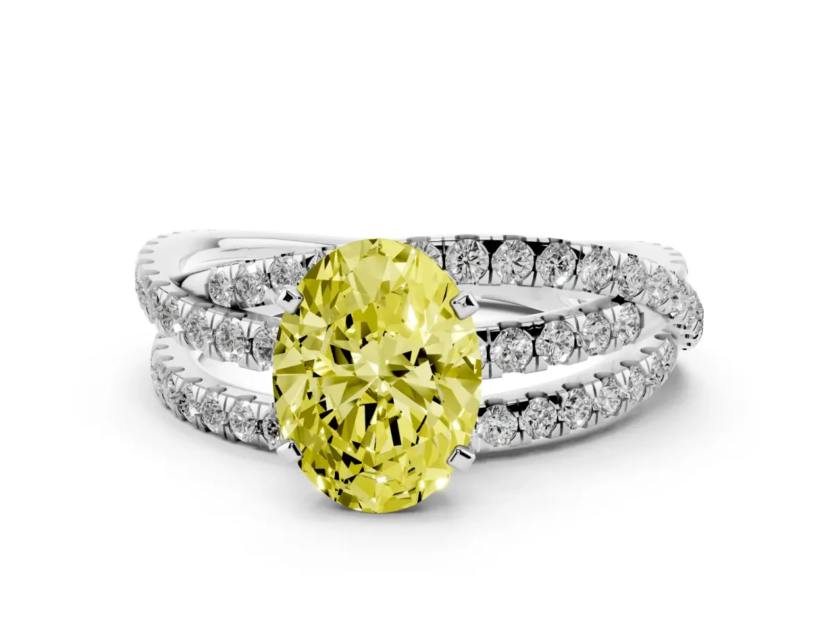 Fancy Yellow Oval Cut Solitaire Twist Band with Pavé Setting and Four-Prong Setting Silver