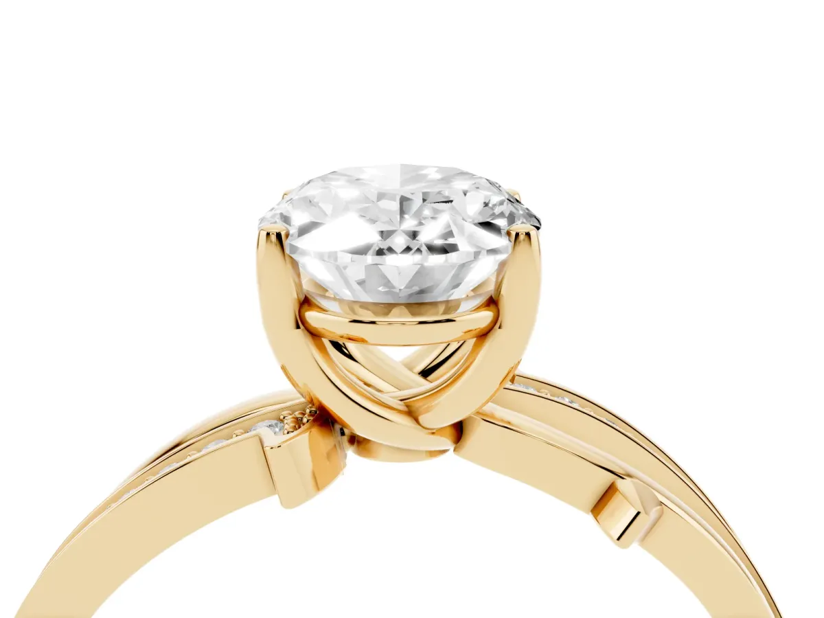 Oval Cut Solitaire Twist Band with Pavé Accents and Four-Prong Setting Yellow gold